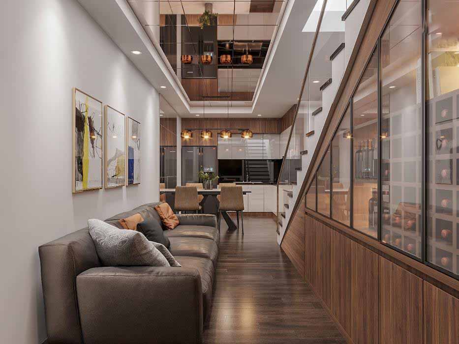 Phòng khách của nhà phố tuy nhỉ nhưng được thiết kế bởi gỗ công nghiệp, tối ưu mọi không gian sống