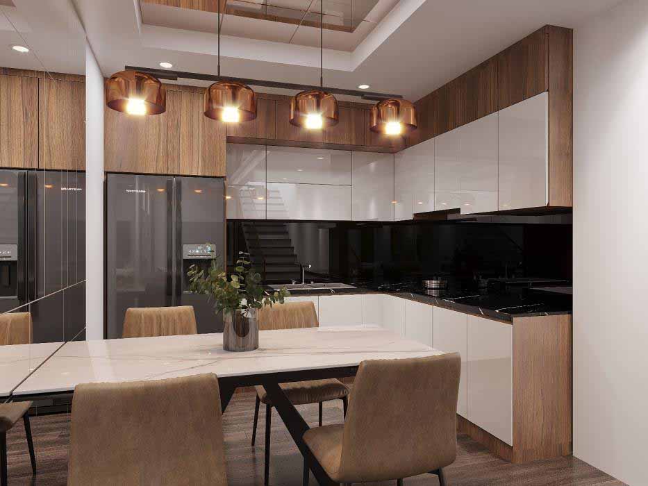 Phòng bếp trông gọn gàng và ấm áp với tone màu tự nhiên của gỗ